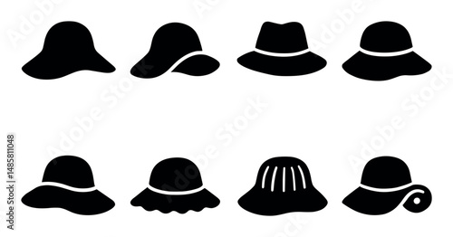 Set of eight unique hat silhouettes in various shapes and styles