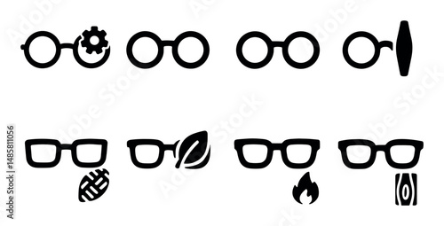Collection of six unique eyeglasses with diverse icon designs