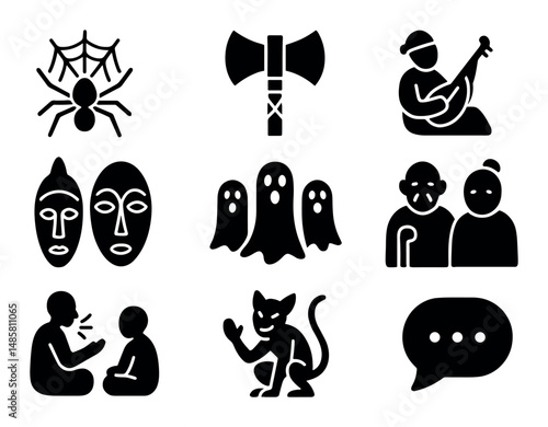 Set of cultural icons: masks, instruments, animals, and symbols