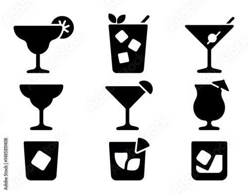 Black silhouette icons of various cocktail glasses and drinks