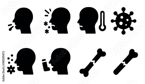 Medical icons for symptoms and issues in simple black silhouettes