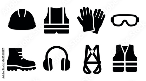 Safety gear icons: helmet, gloves, goggles, vest, boots