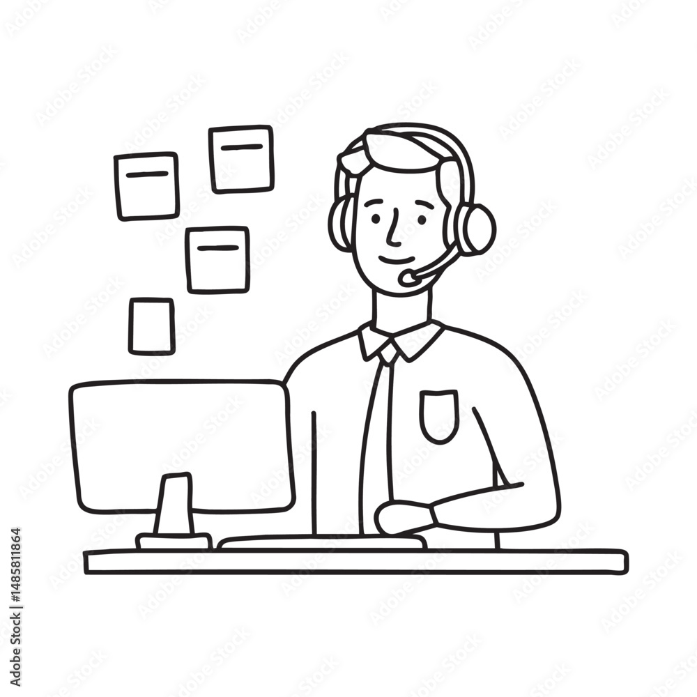 A telemarketer sitting near sticky notes on a cubicle wall