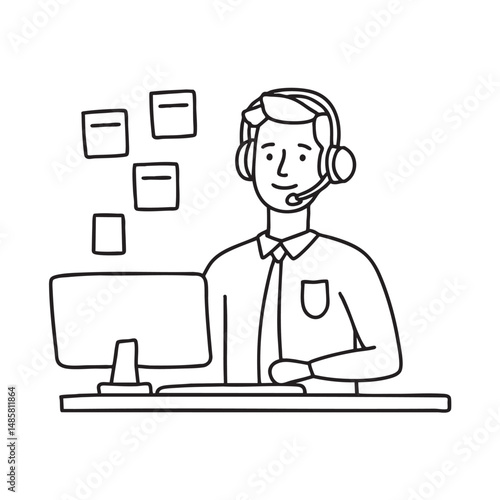 A telemarketer sitting near sticky notes on a cubicle wall
