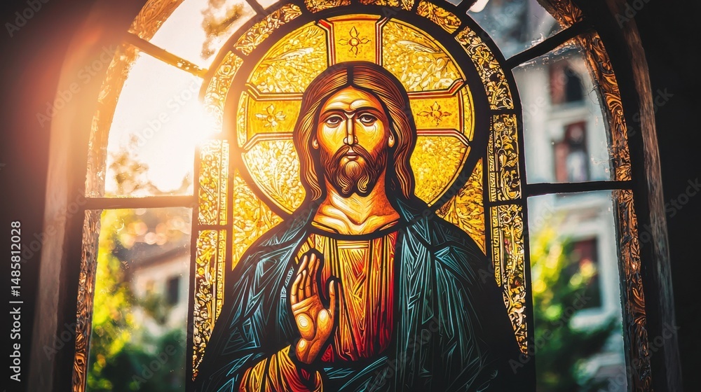 Obraz premium Christian iconography engraved on stained glass, glowing in sunlight