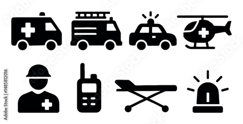 Emergency vehicles and equipment icons: helicopter, ambulance, stretcher