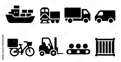 Logistics icons: ship, train, truck, van, bike, forklift, conveyor