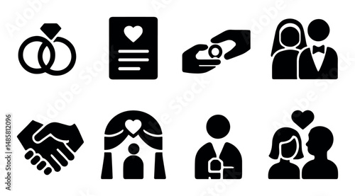 Wedding icons set: rings, couple, ceremony, love symbols