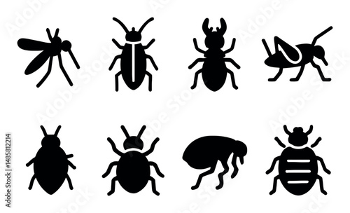 Silhouette icons of various insects including ant and beetle