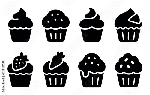 Assortment of eight unique cupcake silhouettes with toppings