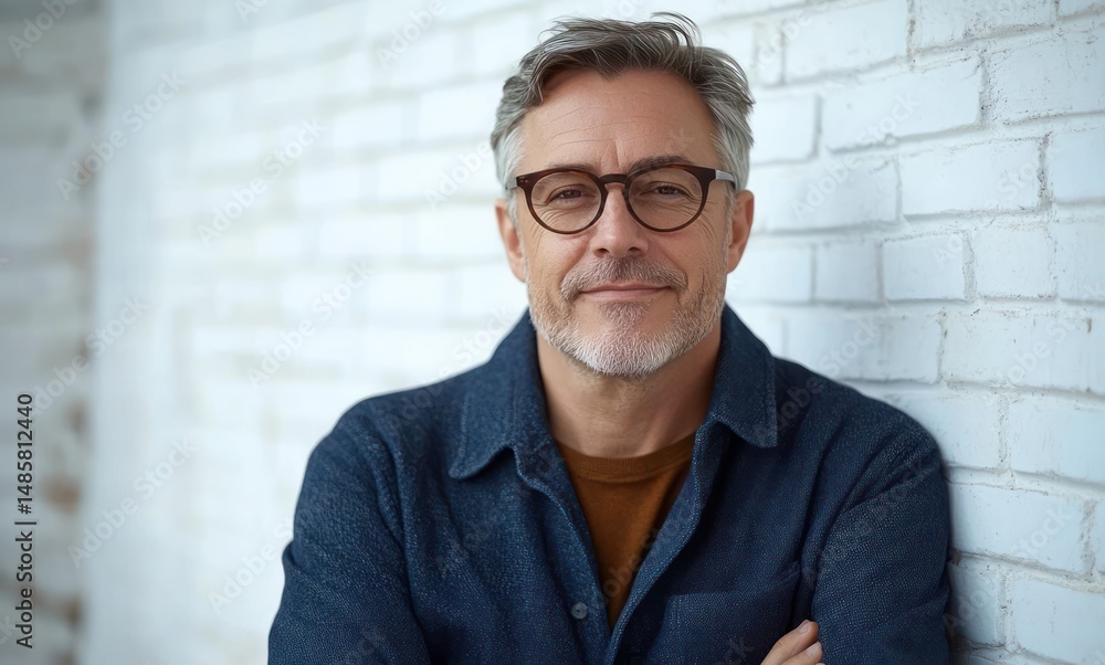 smiling middle-aged man with gray hair and beard wearing glasses and a blue shirt standing confidently against a white brick wall smiling middle-aged man with gray hair and beard wearing glasses and a blue shirt standing confidently against a white brick wall