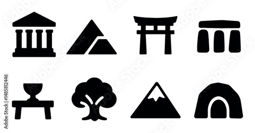 Ancient icon set: monuments, landmarks, symbols, heritage, culture