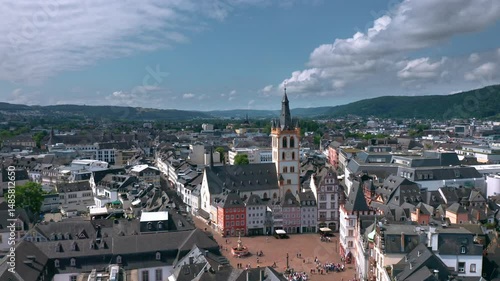 Summer skyline cityscape of Trier, Rhineland-Palatinate, Moselle, Germany. Wide panoramic aerial view of Hauptmarkt (central market square) and city landmarks