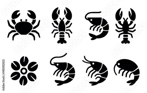 Set of eight marine animal icons including crustaceans and shellfish