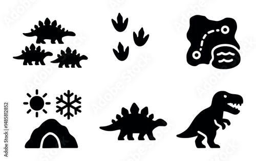 Dinosaur icons: stegosaurus, footprints, t-rex, map, weather