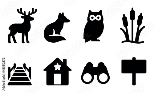 Silhouette icons: deer, fox, owl, bridge, house, binoculars, sign