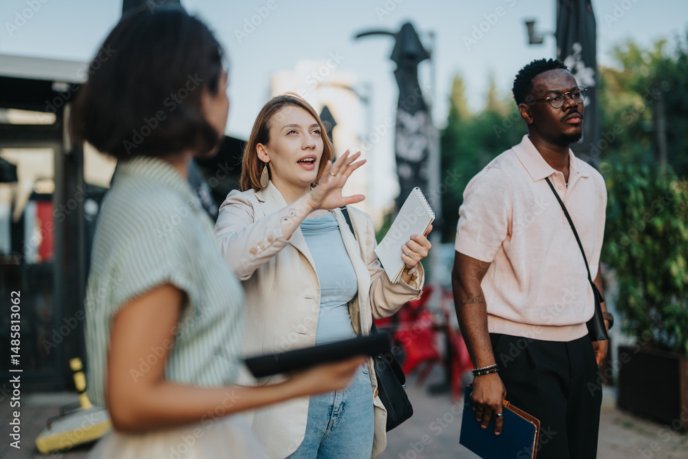 Obraz premium A diverse group of people engage in an outdoor meeting, showcasing teamwork and collaboration in a business setting. The team discusses strategies and innovations in a relaxed environment.