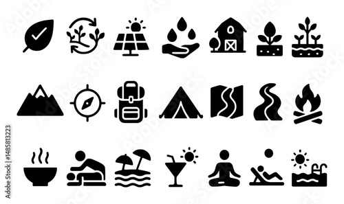 Collection of outdoor activity and nature icons in black silhouette