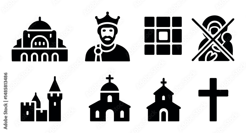Medieval religious icons: churches, crosses, castles, king symbols Medieval religious icons: churches, crosses, castles, king symbols