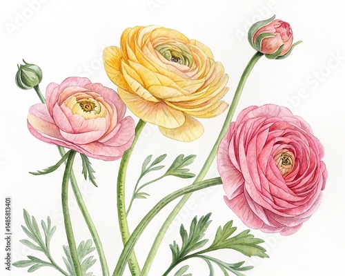Watercolor ranunculus flowers hand drawn floral illustration set on white background
