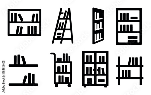 Bookshelf icons set: various designs of book storage solutions