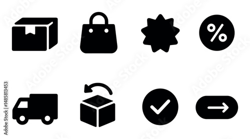 Shopping icons: box, bag, star, percent, truck, check, arrow