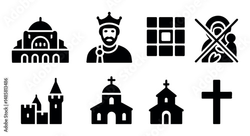 Medieval religious icons: churches, crosses, castles, king symbols