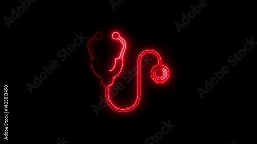 Glowing neon red stethoscope symbol on black background healthcare medical concept