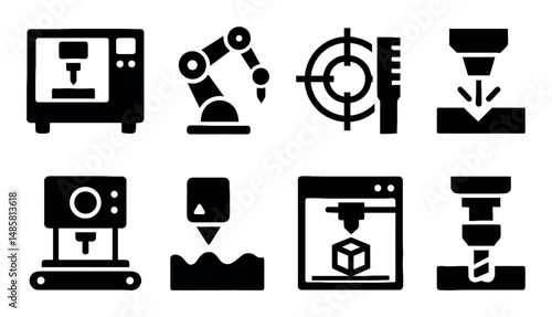 Industrial engineering icons: 3d printing, robotics, cnc machining