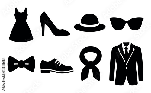Fashion accessories icons: shoes, sunglasses, hat, dress, suit