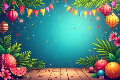 Vibrant clip art depicting a festive fiesta scene with colorful decorations , guitar, festive background, celebration