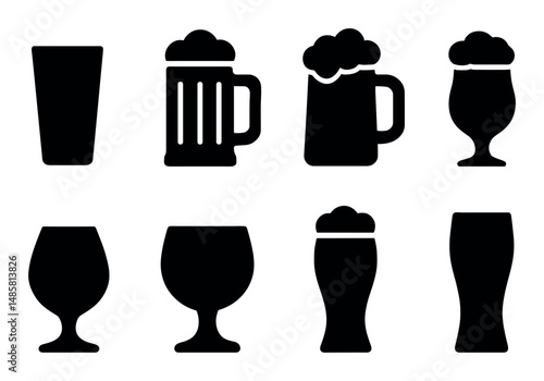 Set of various beer glass silhouettes with foam tops