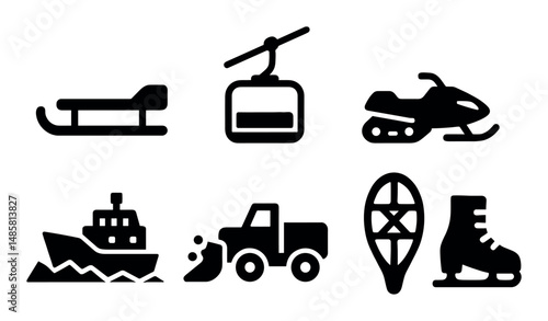 Winter transport icons: sled, cable car, snowmobile, ice skate