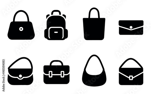 Collection of various bag silhouettes: handbags, backpack, purses