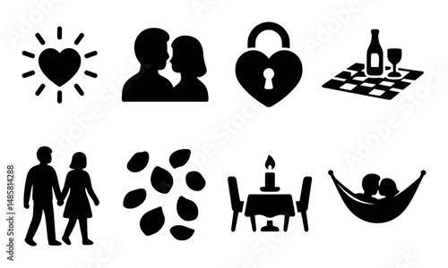 Romantic symbols: love heart, couples, lock, wine, champagne