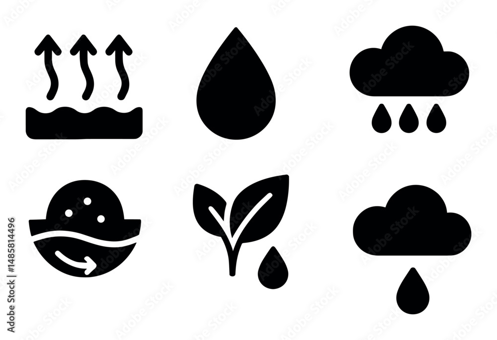 Weather and environment icons depicting rain and growth elements Weather and environment icons depicting rain and growth elements