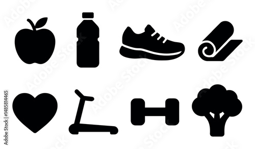 Healthy lifestyle icons: fitness, nutrition, exercise, wellness