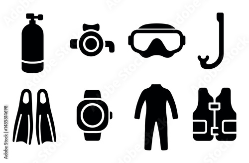 Scuba diving gear icons: tank, mask, snorkel, fins, wetsuit, vest