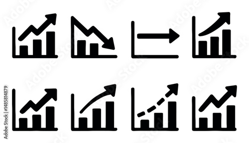 Set of eight graph icons showing rising and falling trends
