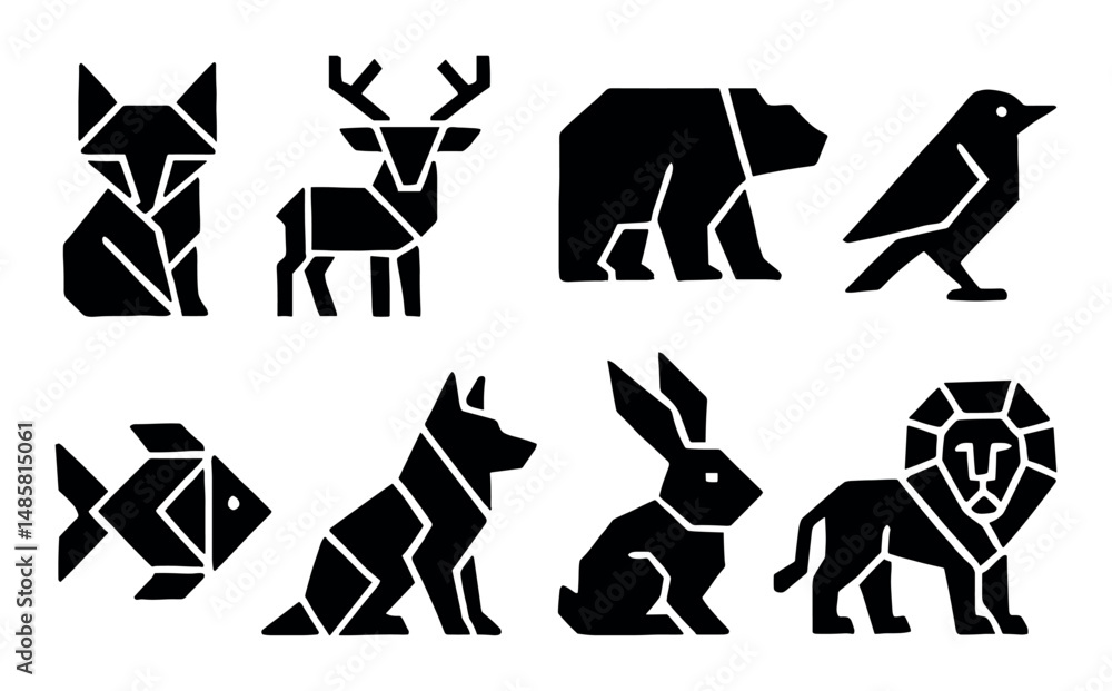Fototapeta premium Geometric animal silhouettes: fox, deer, bear, bird, fish, dog, hare, lion
