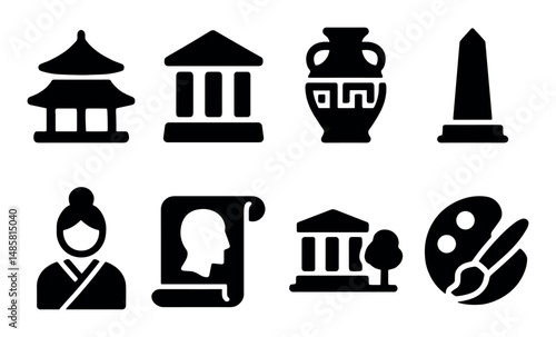Silhouette icons: asian architecture, artifacts, and museum symbols