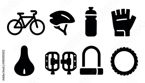 Cycling gear icons: helmet, water bottle, gloves, bike parts