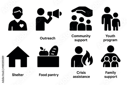 Community support icons: outreach, shelter, food, family aid