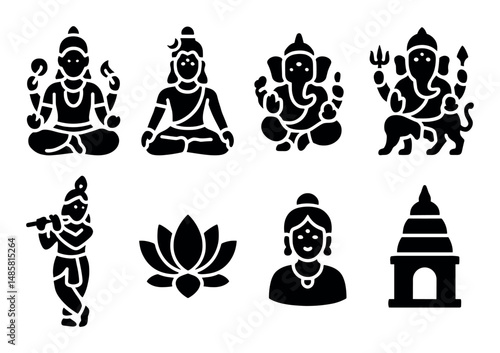 Silhouette icons of hindu gods and symbols: shiva, ganesha, buddha