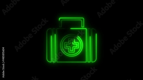 Glowing green neon first aid kit symbol on black background