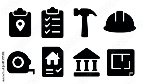 Construction and planning icons: hammer, hard hat, clipboard, tools