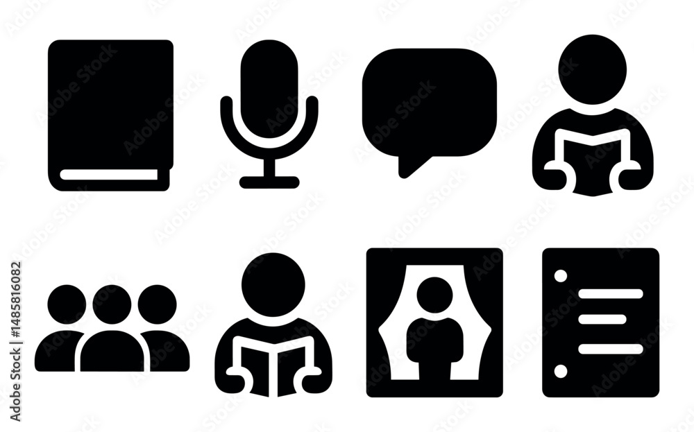 Set of seven communication and people icons in black silhouette Set of seven communication and people icons in black silhouette