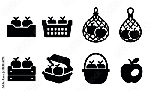 Black silhouettes of apple containers and baskets