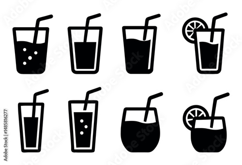 Eight glasses with straws and citrus slices icon set black