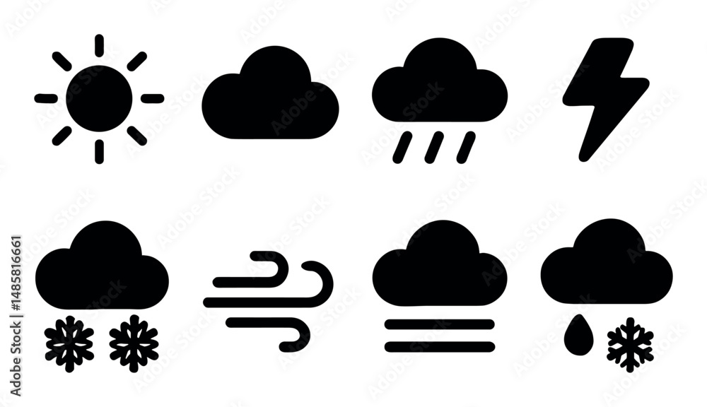 Weather icons set: sun, clouds, rain, snow, wind, lightning Weather icons set: sun, clouds, rain, snow, wind, lightning